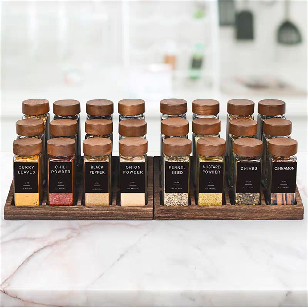 Square Glass Seasoning Bottle, Solid Wood Lid, Glass Bott...